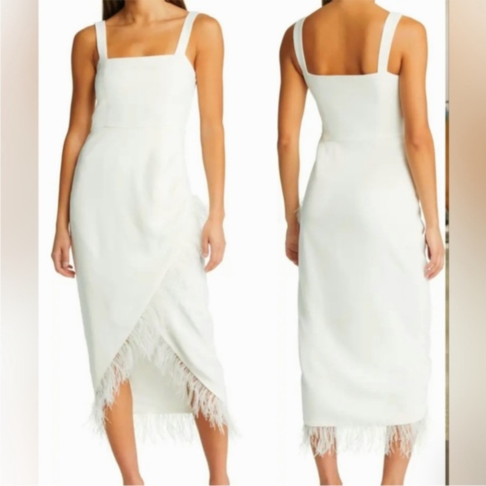 Saylor Caylin Dress Faux Wrap Sheath Feather White Wedding Cocktail Medium